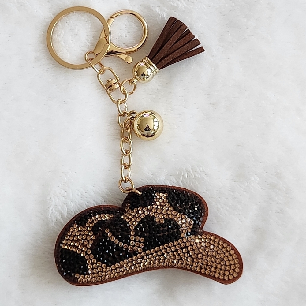 Cowboy Hat Leopard Print Keychain with Gold Accents Bag Charm Cow Girl Hat